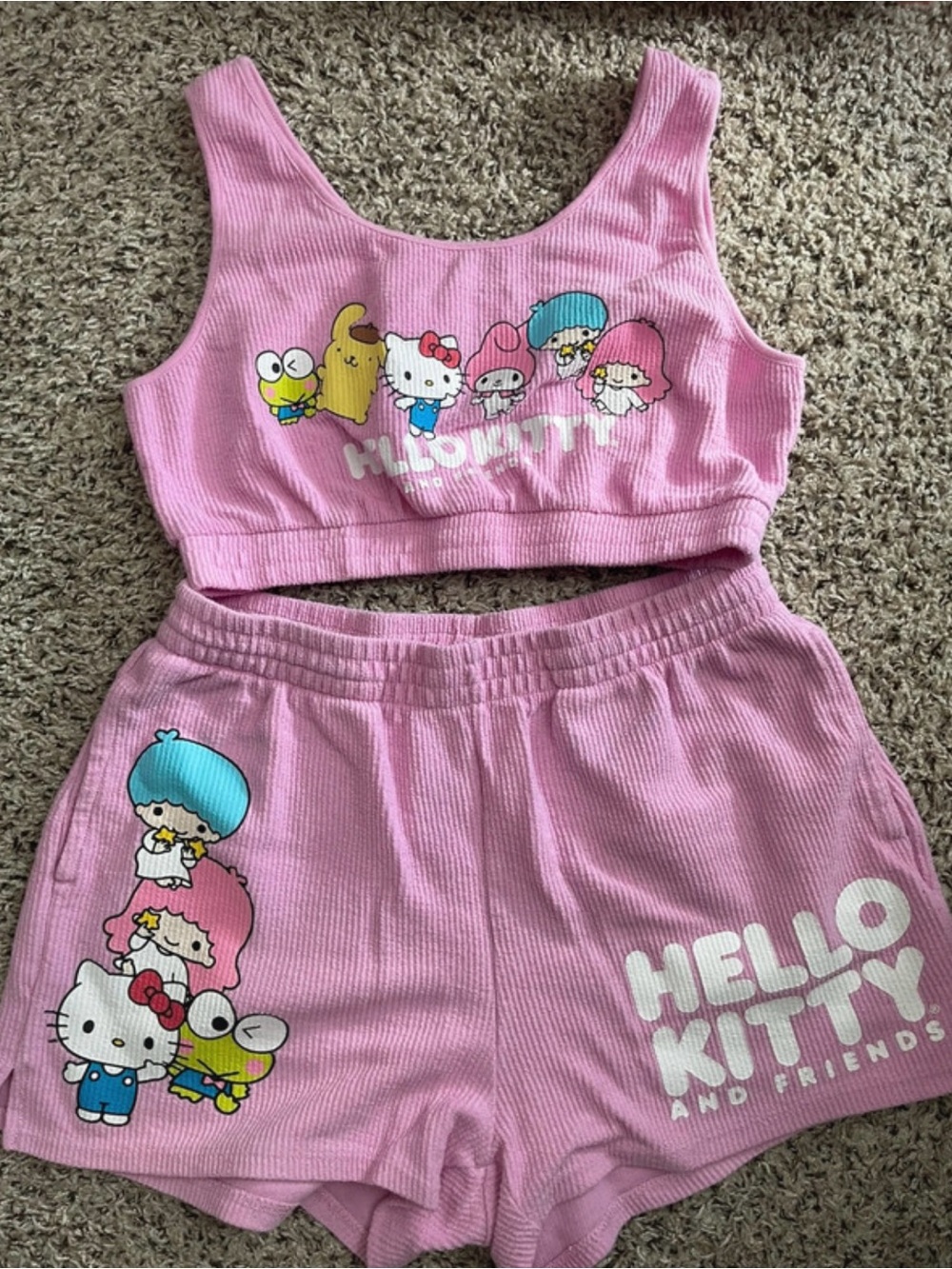 Hello Kitty Pink Ribbed Tank Top and Matching Shorts Set